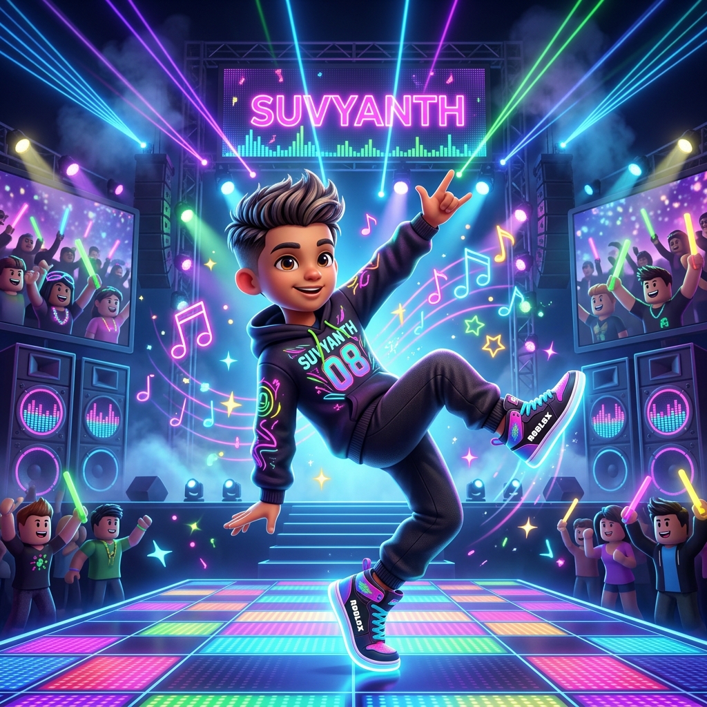 Suvyanth performing dance moves on neon stage
